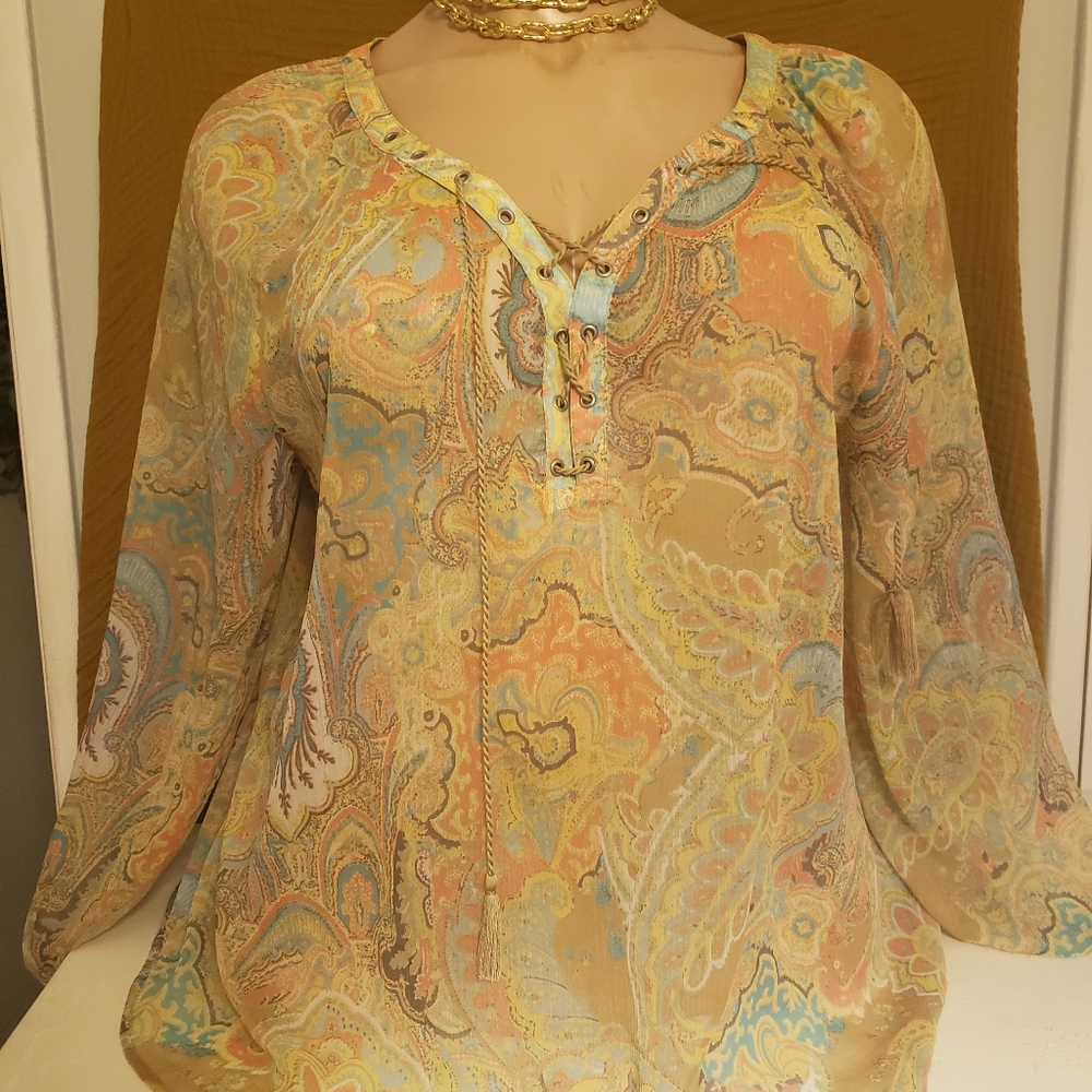 Jessica Simpson sheer Bohemian sheer top